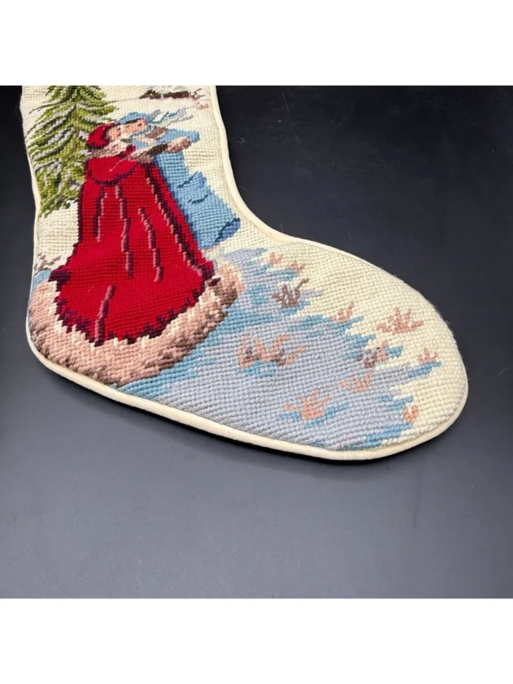 Vtg Needlepoint Christmas Stocking Victorian Carolers Winter Scene 20